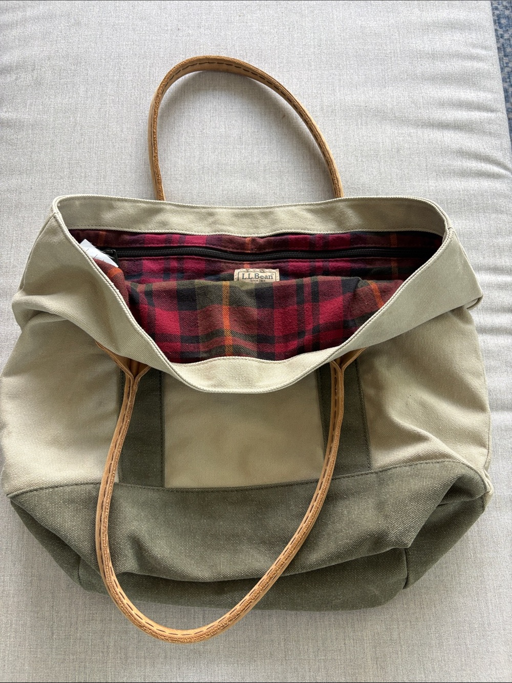 L.L. Bean Heritage Canvas Tote Bag Plaid Lined Leather Handles Olive Khaki